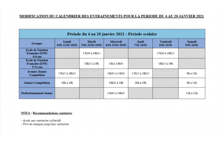 MODIFICATION PLANNING DU 04/01/21 au 20/01/21